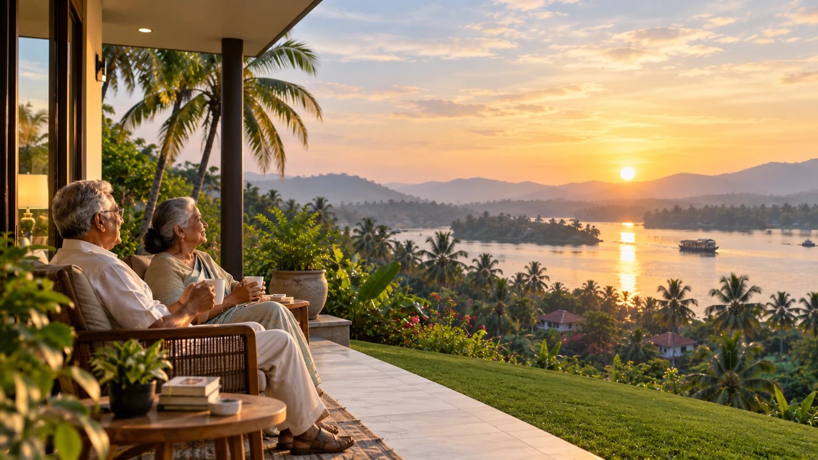 Senior couple enjoying a sunset view over the Kerala backwaters from a retirement home veranda