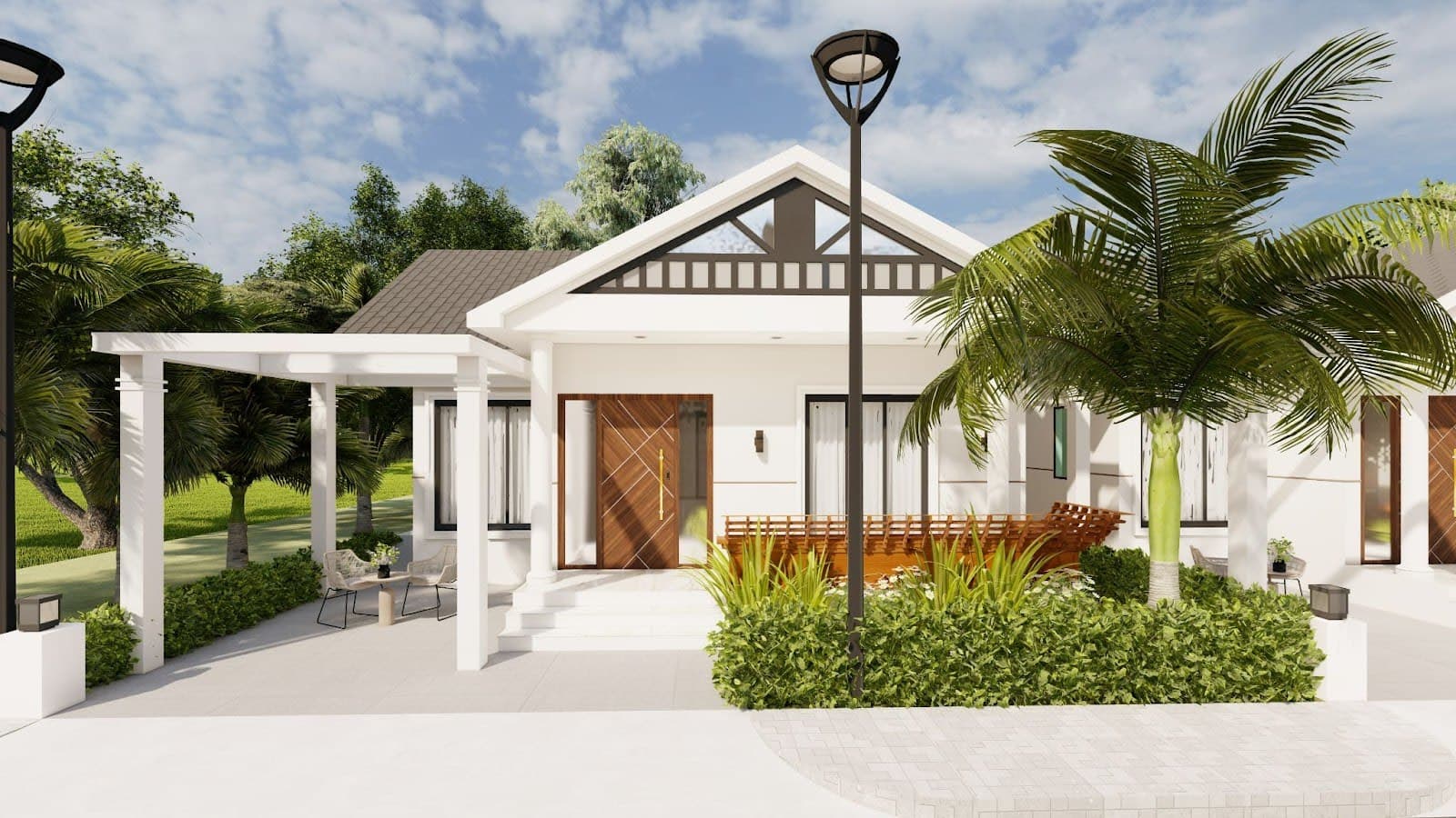 CGI render — villa entrance and sit-out