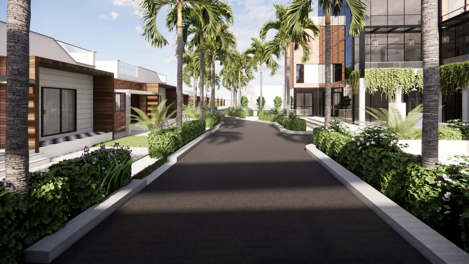 CGI render — internal driveway between villas, leading to the clubhouse